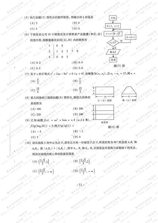 2013年高考文科数学试题及答案（重庆卷）【2】