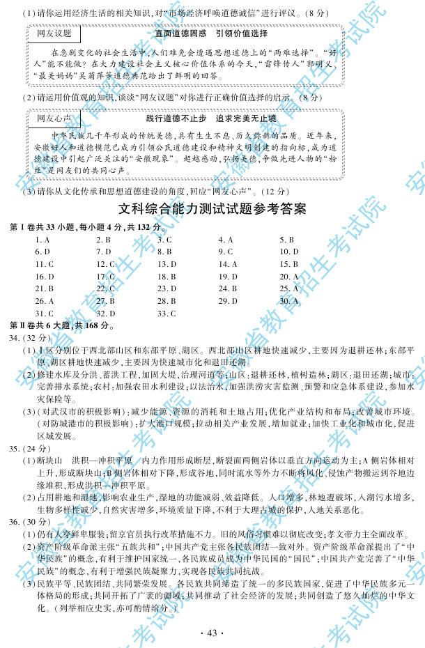 2013年高考文综试题答案（安徽卷）