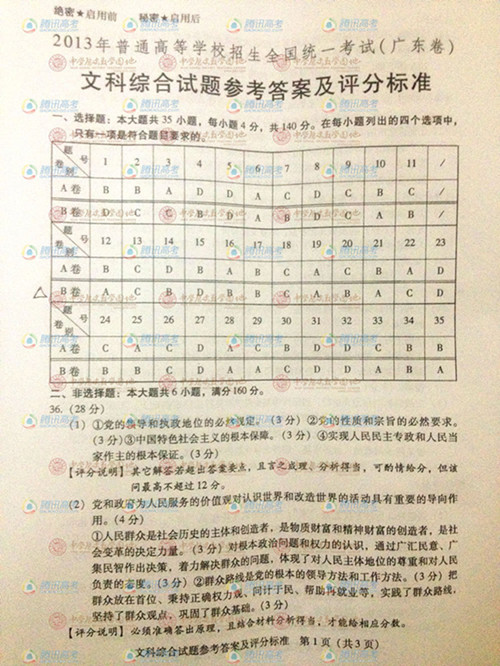 2013年普通高等学校招生考试广东文综答案