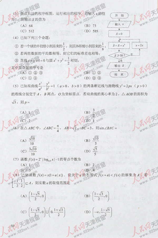 2013高考天津理科数学试题及答案（清晰版）【2】