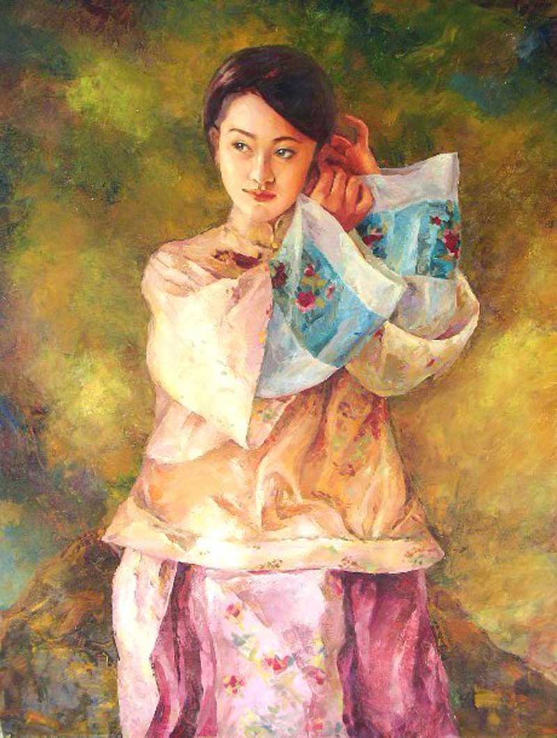 這是周文的油畫作品,受畫家父親的影響,周文從小就喜歡畫畫,18歲時從美術職業班畢業的,此后就被當時區裡的教育局領導選到了學校任教,之后進修了師范,后來在合肥學院美術專業進修了大專。(周文的油畫作品)
