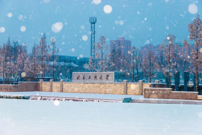 北京工商大學：校園裡雪花簌簌飄落。校方供圖