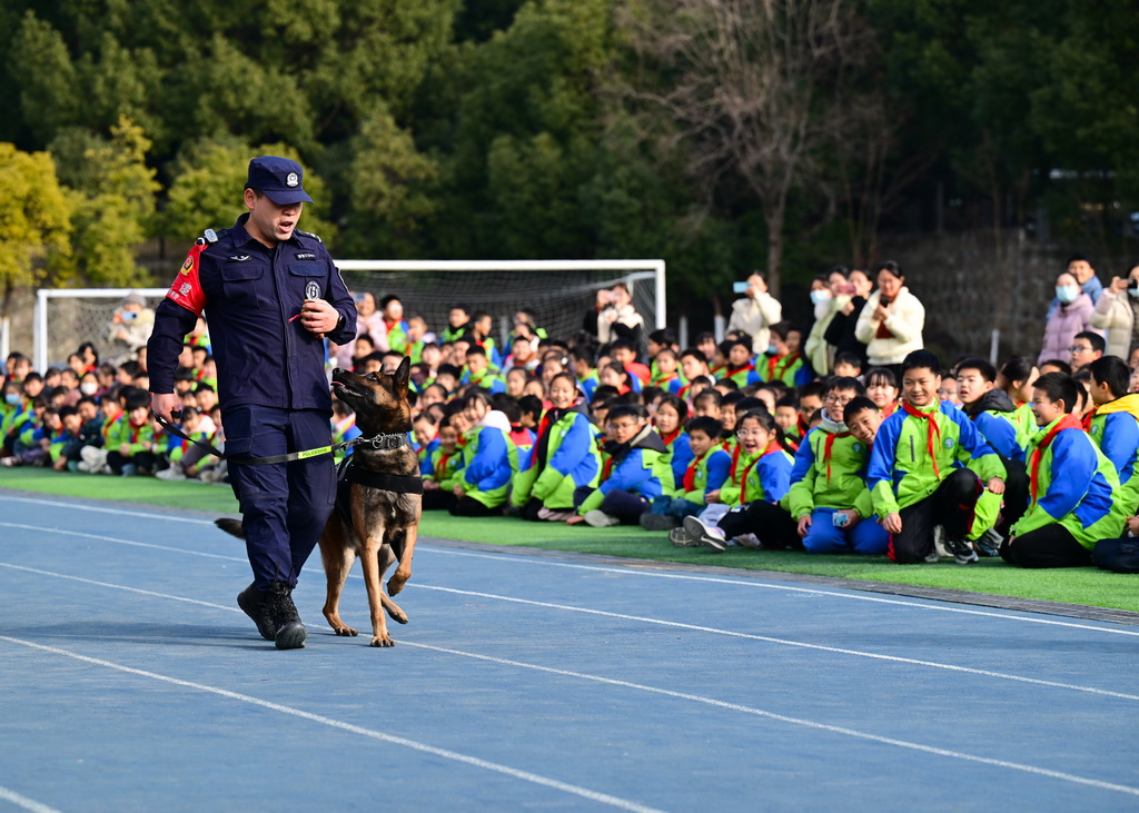1月7日，小朋友在活動現場觀看警犬訓練。