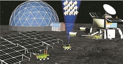 利用原始風化層在月球上制造太陽能電池的模擬圖。圖中機器人負責獲取原始風化層並將其運送到生產設施，安裝生產后的太陽能電池可為未來月球棲息地甚至城市供電。圖片來源：德國波茨坦大學