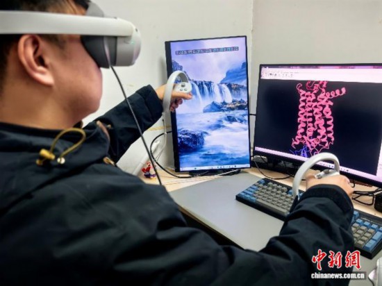 团队成员使用VR绘制蛋白骨架。(浙江大学供图)