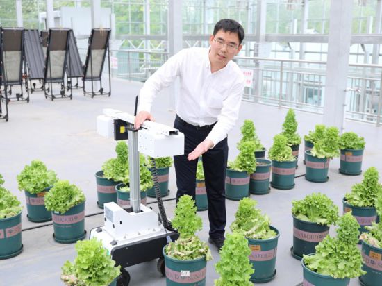 在智慧表型實驗中心,智能科學與工程學院樊正強老師展示應用大數據、物聯網以及人工智能等多項先進技術的表型平台